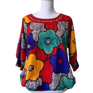 ANOUK MULTICOLOR FLORAL PRINT SMOCKED HEM SHORT SLEEVE BLOUSE TOP